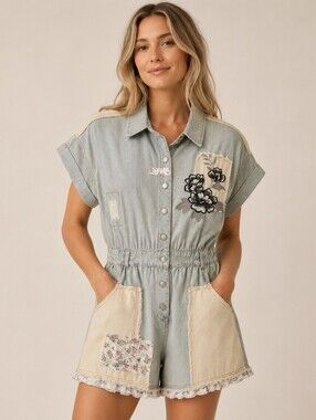 POL Striped Denim Patchwork Floral Embroidered Utility Romper Small NWOT